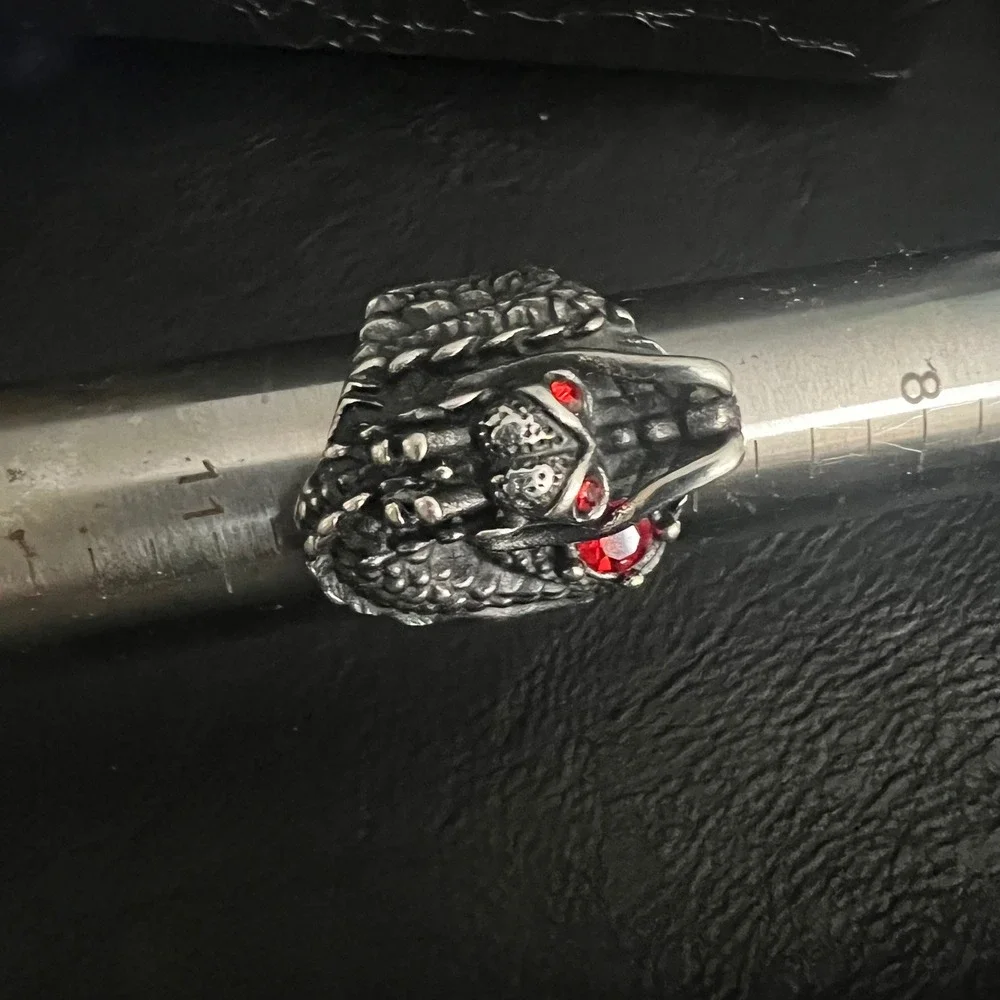 Silver Tone Dragon Head Ring Red Rhinestone Eyes Mens Size 10 Goth